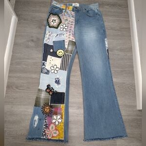 Urban Outfitters BDG Indigo Craft High Patchwork Flare Jeans Boho Hippie Sz 28